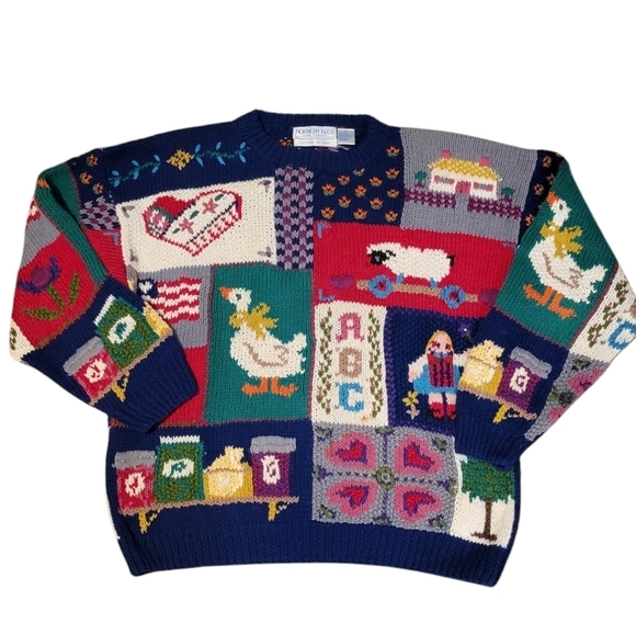 Vintage Northern Isles Hand Knit Granny Nursery Rhyme Patchwork Sweater SZ Large - Picture 1 of 10
